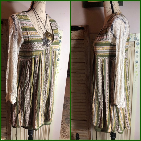 NWOT-SZ S-ANDRÉE GREEN/CREAM/LACE SLEEVE DRESS - Picture 4 of 8